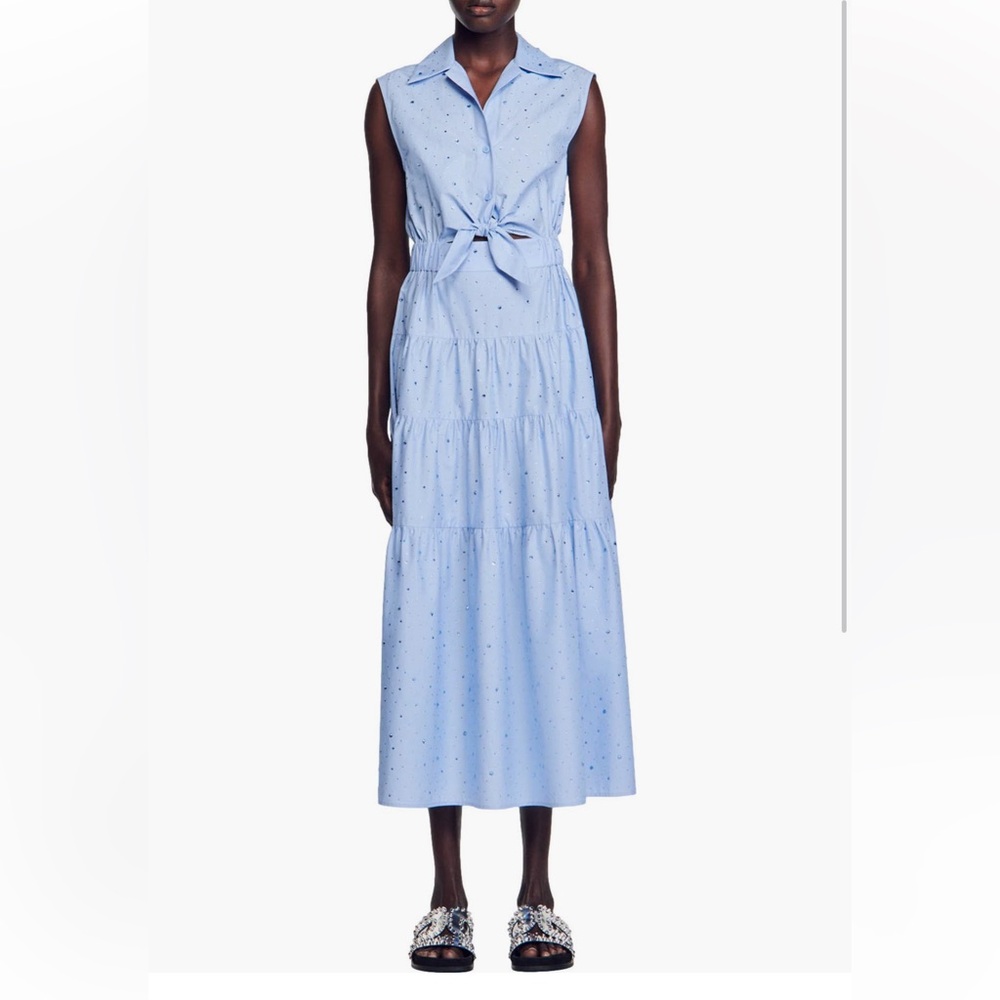 Sandro Light Blue Sleeveless Eyelet Tie-Waist Maxi Dress